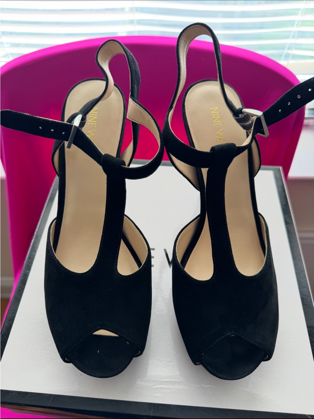 Nine West Black Suede T-Strap Peep-Toe Heels with Ankle Buckle